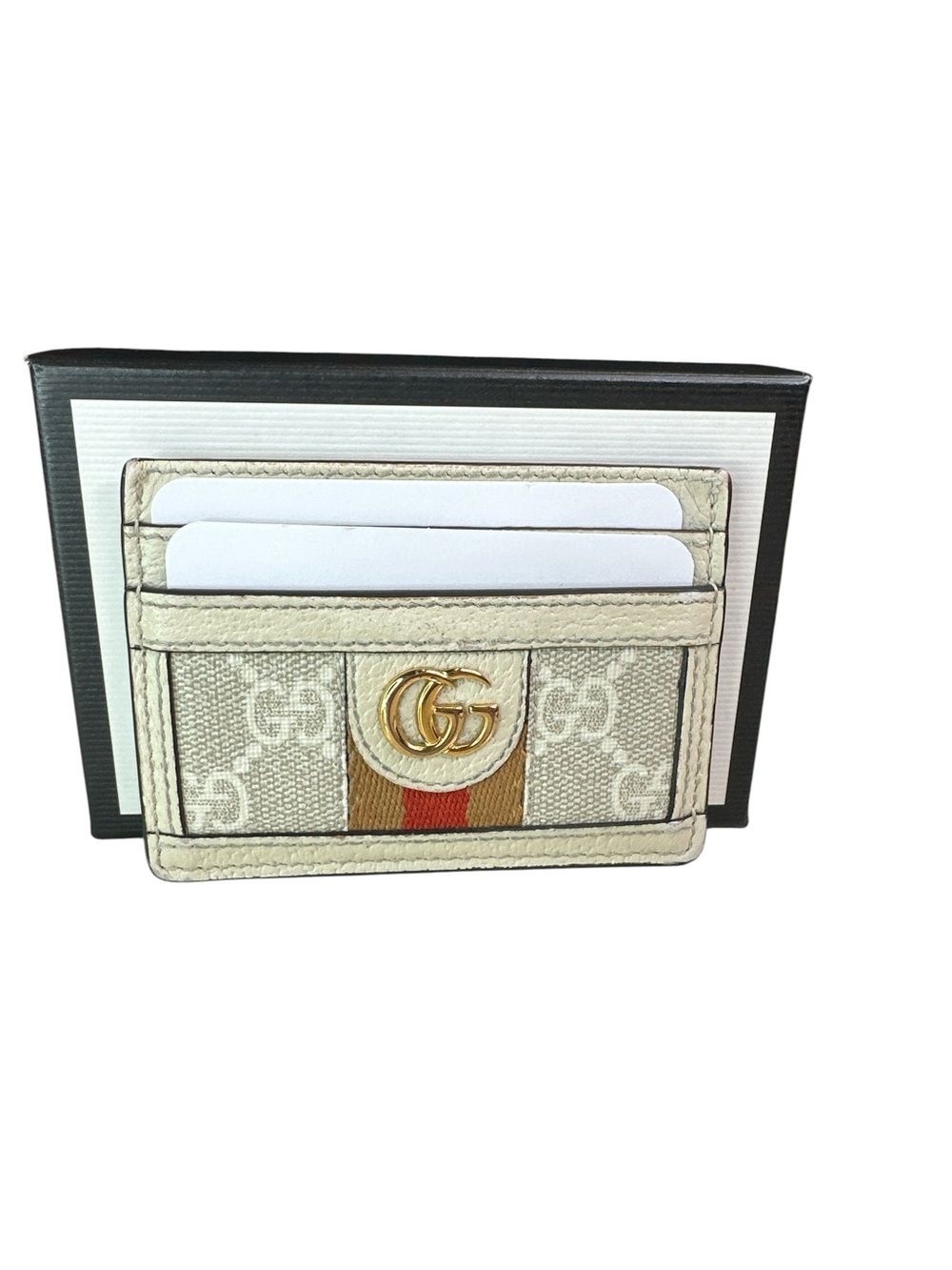 Gucci beige GG canvas card holder with red and green stripe